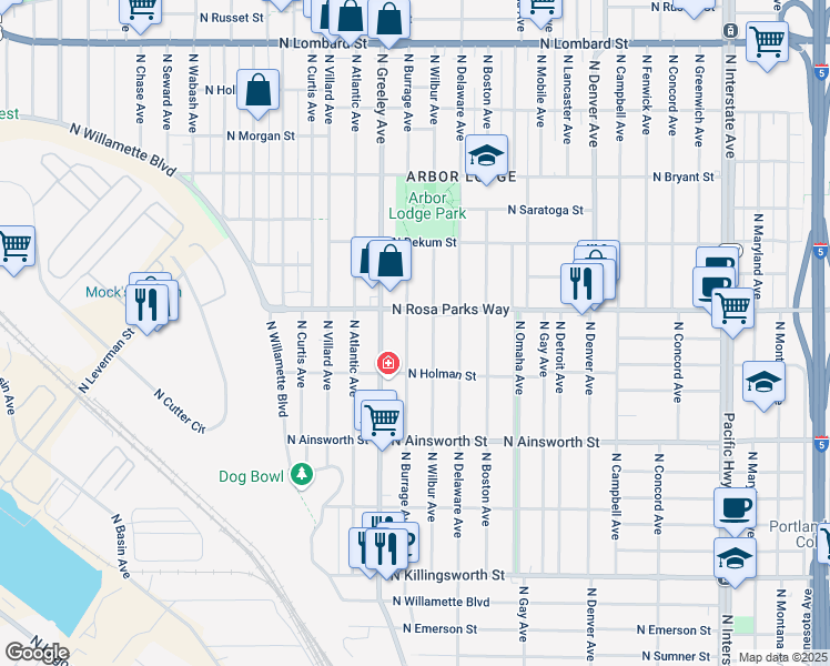map of restaurants, bars, coffee shops, grocery stores, and more near 2622 North Rosa parks Way in Portland