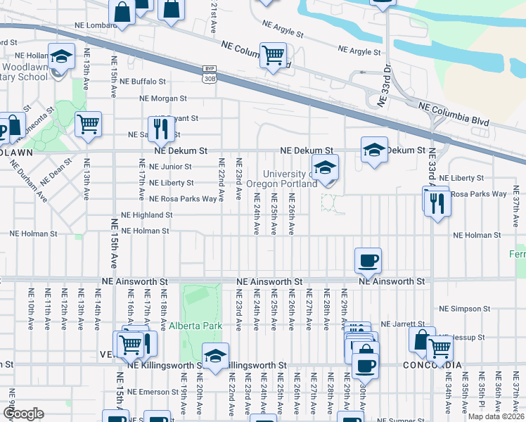map of restaurants, bars, coffee shops, grocery stores, and more near 6505 Northeast 24th Avenue in Portland