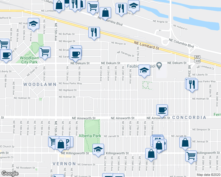 map of restaurants, bars, coffee shops, grocery stores, and more near 6505 Northeast 24th Avenue in Portland