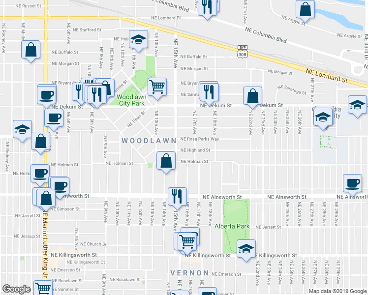 map of restaurants, bars, coffee shops, grocery stores, and more near 1615 Northeast Rosa Parks Way in Portland
