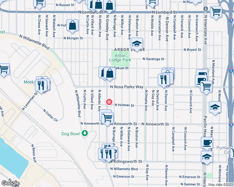 map of restaurants, bars, coffee shops, grocery stores, and more near 2622 North Rosa parks Way in Portland