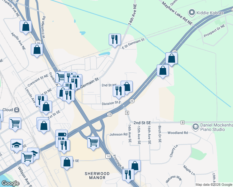 map of restaurants, bars, coffee shops, grocery stores, and more near 1310 2nd Street Northeast in St. Cloud