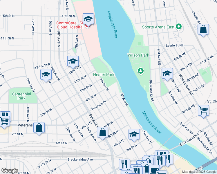 map of restaurants, bars, coffee shops, grocery stores, and more near 900 6th Avenue North in St. Cloud