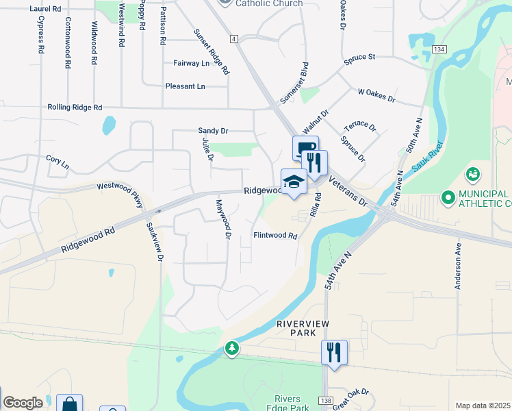 map of restaurants, bars, coffee shops, grocery stores, and more near 5833 Ridgewood Road in St. Cloud