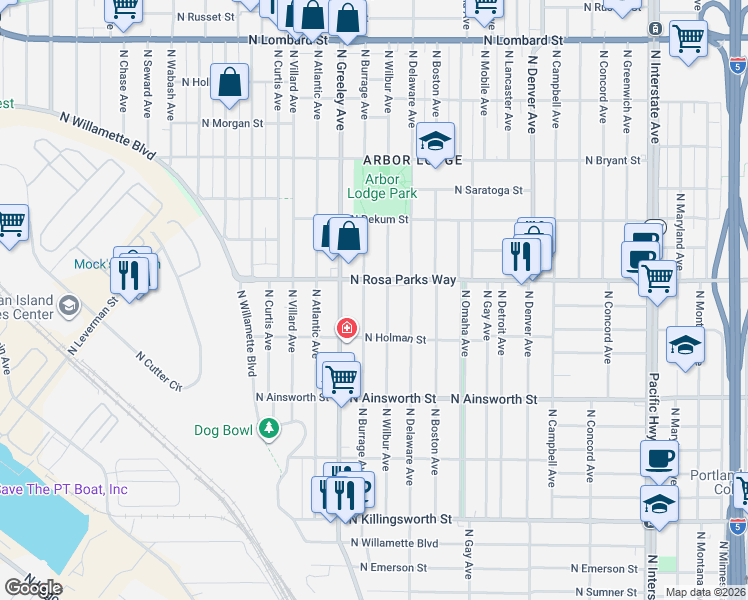 map of restaurants, bars, coffee shops, grocery stores, and more near 6410 North Burrage Avenue in Portland