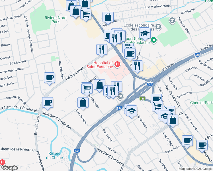 map of restaurants, bars, coffee shops, grocery stores, and more near 465 Rue Bibeau in Saint-Eustache