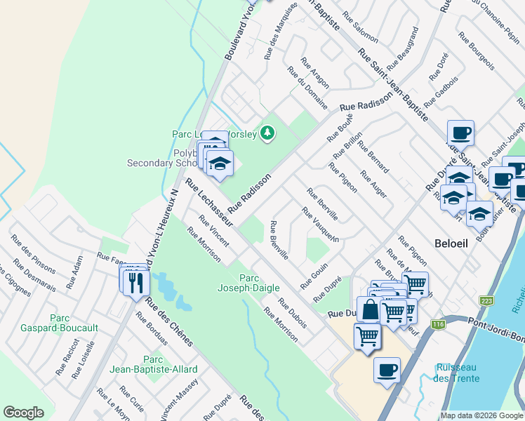 map of restaurants, bars, coffee shops, grocery stores, and more near 649 Rue Boullé in Beloeil