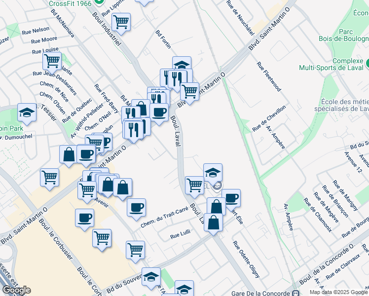 map of restaurants, bars, coffee shops, grocery stores, and more near 1695 Boulevard Laval in Laval