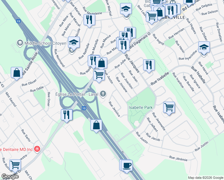 map of restaurants, bars, coffee shops, grocery stores, and more near 3800 Rue Jessica in Laval