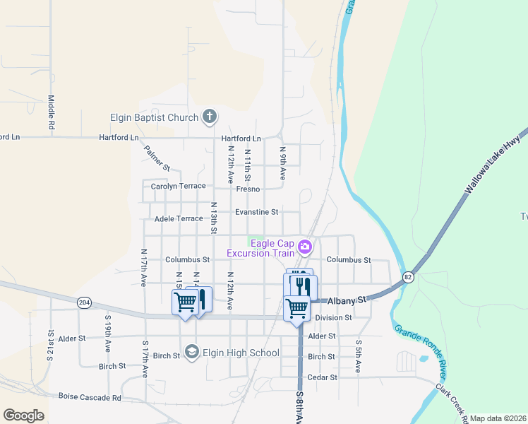 map of restaurants, bars, coffee shops, grocery stores, and more near Palmer Junction Road in Elgin