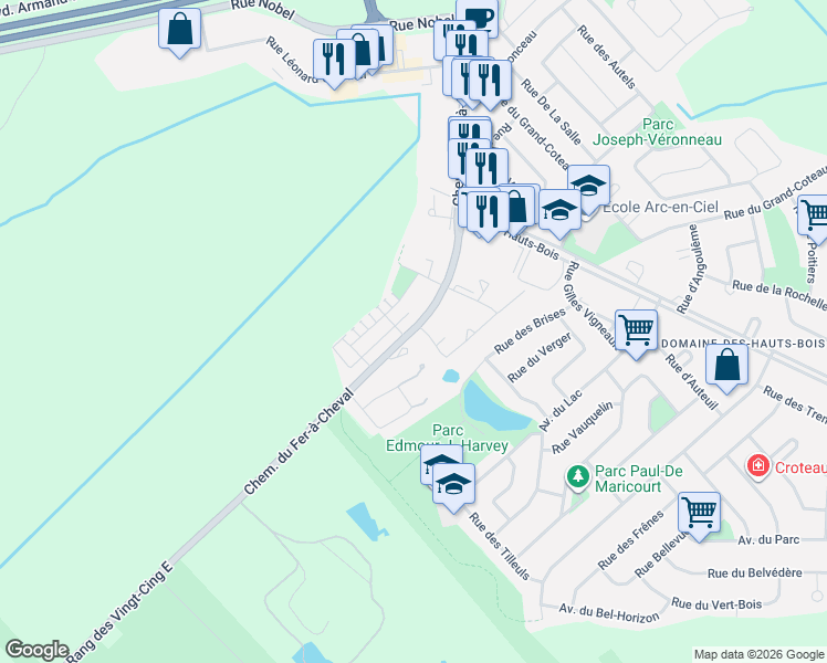 map of restaurants, bars, coffee shops, grocery stores, and more near 2183 Chemin du Fer-à-Cheval in Sainte-Julie