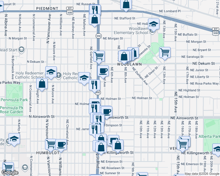 map of restaurants, bars, coffee shops, grocery stores, and more near 6417 Northeast 6th Avenue in Portland