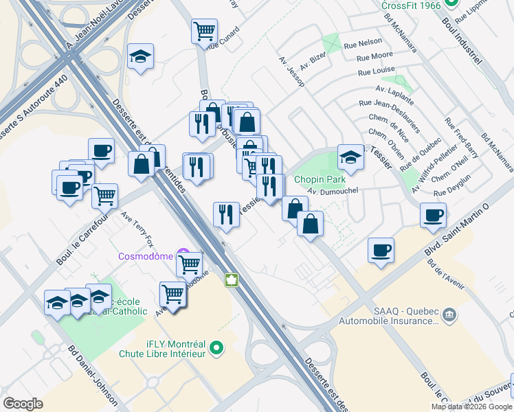 map of restaurants, bars, coffee shops, grocery stores, and more near 2100 Boulevard le Corbusier in Laval