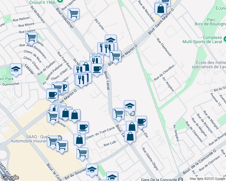 map of restaurants, bars, coffee shops, grocery stores, and more near 1695 Boulevard Laval in Laval