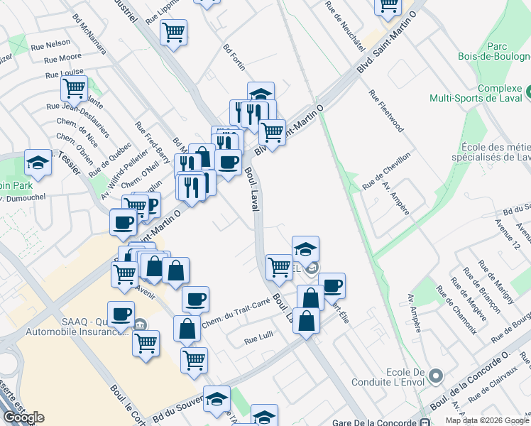 map of restaurants, bars, coffee shops, grocery stores, and more near 1695 Boulevard Laval in Laval