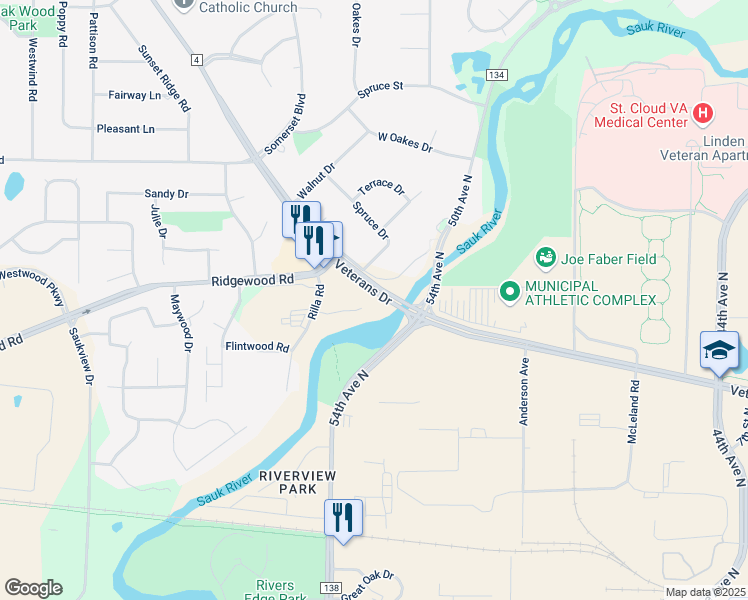 map of restaurants, bars, coffee shops, grocery stores, and more near 850 Chestnut Court in St. Cloud