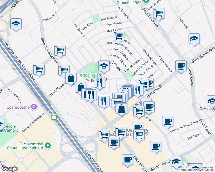 map of restaurants, bars, coffee shops, grocery stores, and more near 1719 Avenue Hector Charland in Laval