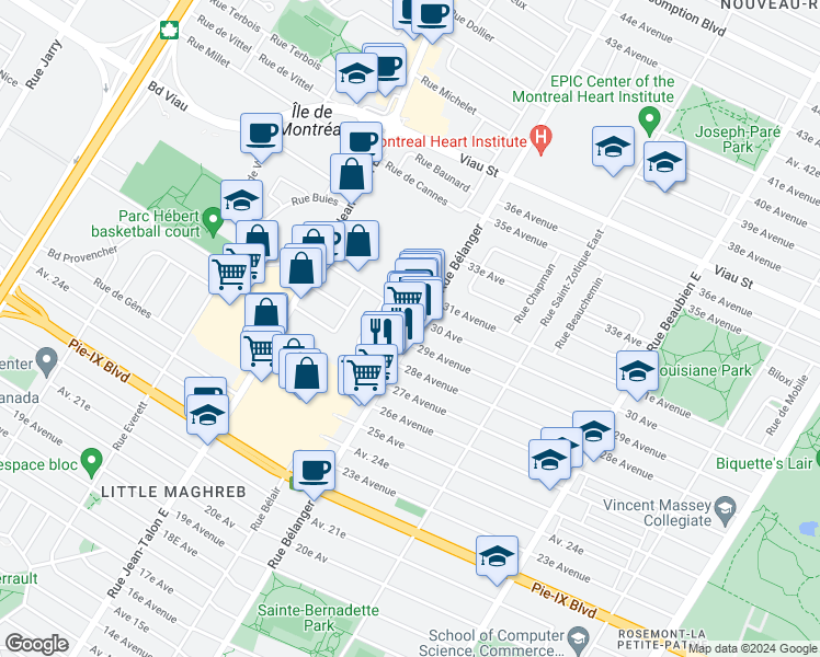 map of restaurants, bars, coffee shops, grocery stores, and more near 4541 Rue Bélanger in Montréal