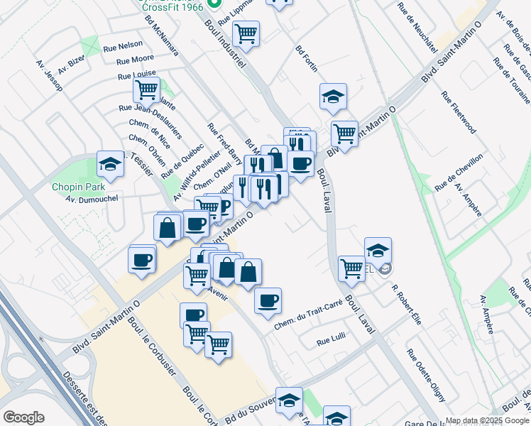 map of restaurants, bars, coffee shops, grocery stores, and more near 1454 Boulevard Saint-Martin Ouest in Laval