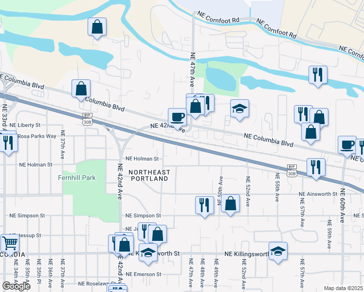map of restaurants, bars, coffee shops, grocery stores, and more near 6556 Northeast 42nd Avenue in Portland