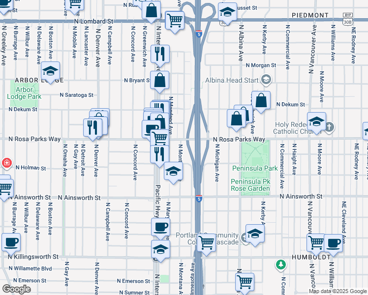 map of restaurants, bars, coffee shops, grocery stores, and more near 1327 North Rosa parks Way in Portland