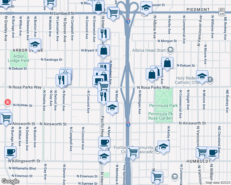 map of restaurants, bars, coffee shops, grocery stores, and more near 1327 North Rosa parks Way in Portland