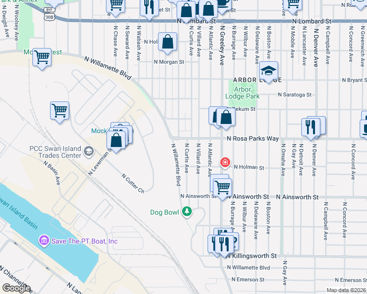 map of restaurants, bars, coffee shops, grocery stores, and more near 3107 North Rosa parks Way in Portland