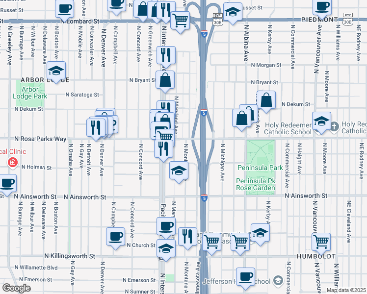 map of restaurants, bars, coffee shops, grocery stores, and more near 6427 North Montana Avenue in Portland