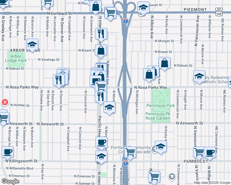 map of restaurants, bars, coffee shops, grocery stores, and more near 6416 North Montana Avenue in Portland