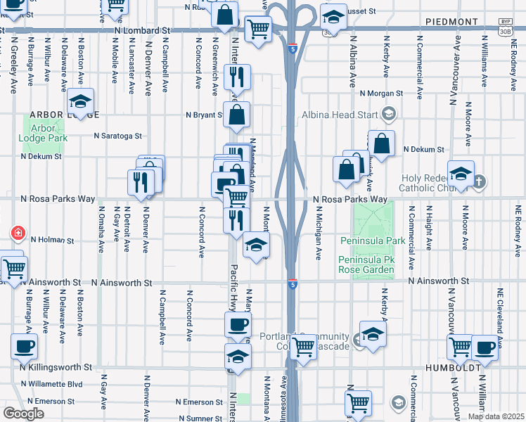 map of restaurants, bars, coffee shops, grocery stores, and more near 6427 North Montana Avenue in Portland