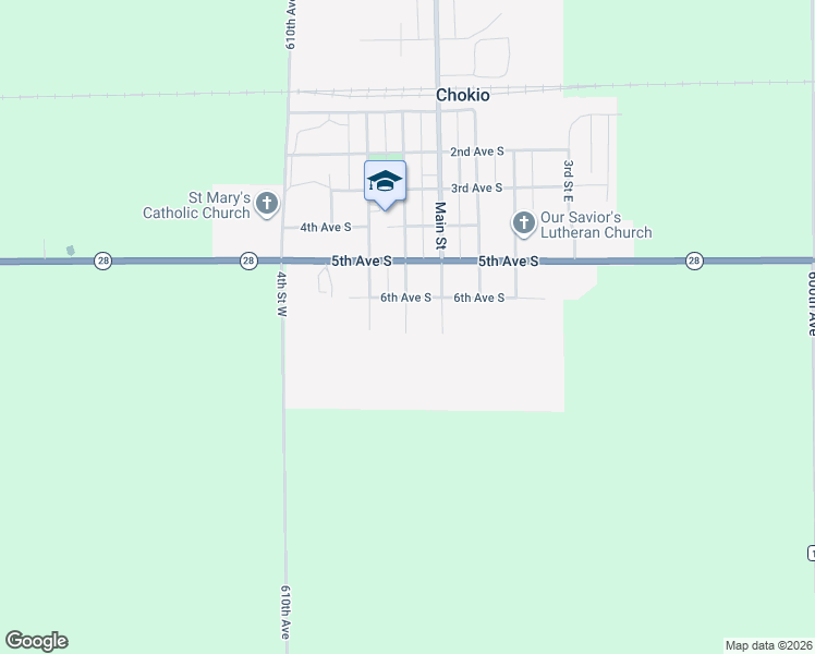 map of restaurants, bars, coffee shops, grocery stores, and more near 612 1st Street West in Chokio