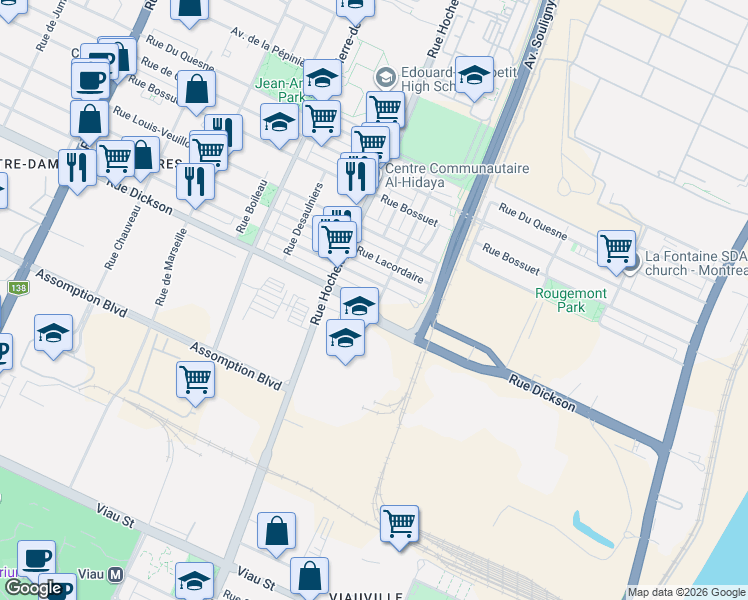 map of restaurants, bars, coffee shops, grocery stores, and more near 2351 Rue Dickson in Montréal
