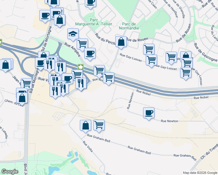 map of restaurants, bars, coffee shops, grocery stores, and more near 1250 Rue Nobel in Boucherville