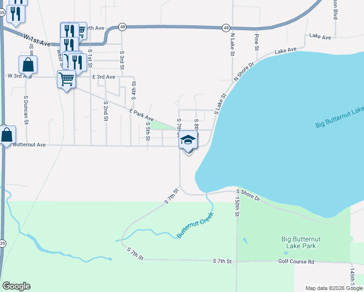 map of restaurants, bars, coffee shops, grocery stores, and more near 717 East Butternut Avenue in Luck