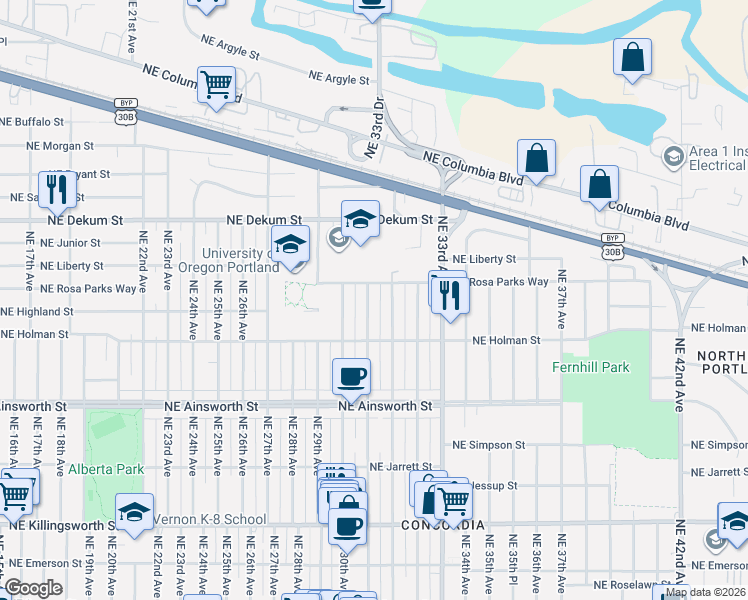 map of restaurants, bars, coffee shops, grocery stores, and more near 6430 Northeast 31st Avenue in Portland