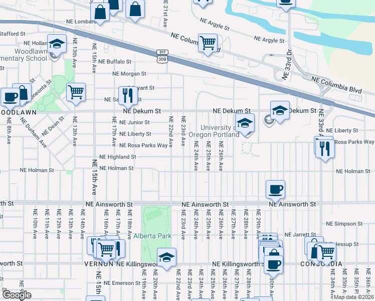 map of restaurants, bars, coffee shops, grocery stores, and more near 6505 Northeast 24th Avenue in Portland