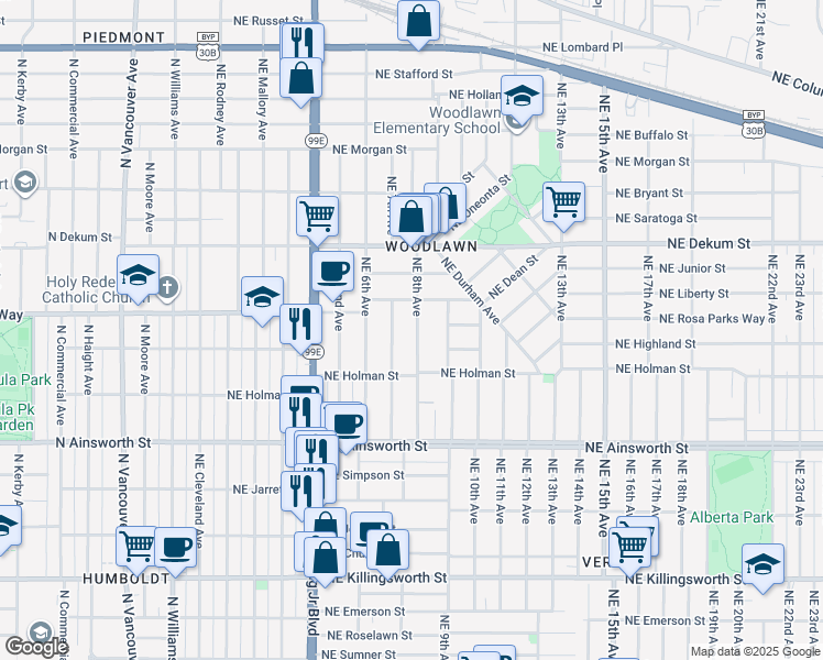 map of restaurants, bars, coffee shops, grocery stores, and more near 722 Northeast Rosa Parks Way in Portland