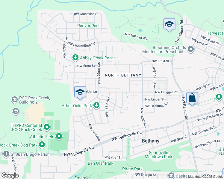 map of restaurants, bars, coffee shops, grocery stores, and more near 16415 Northwest Brugger Road in Portland