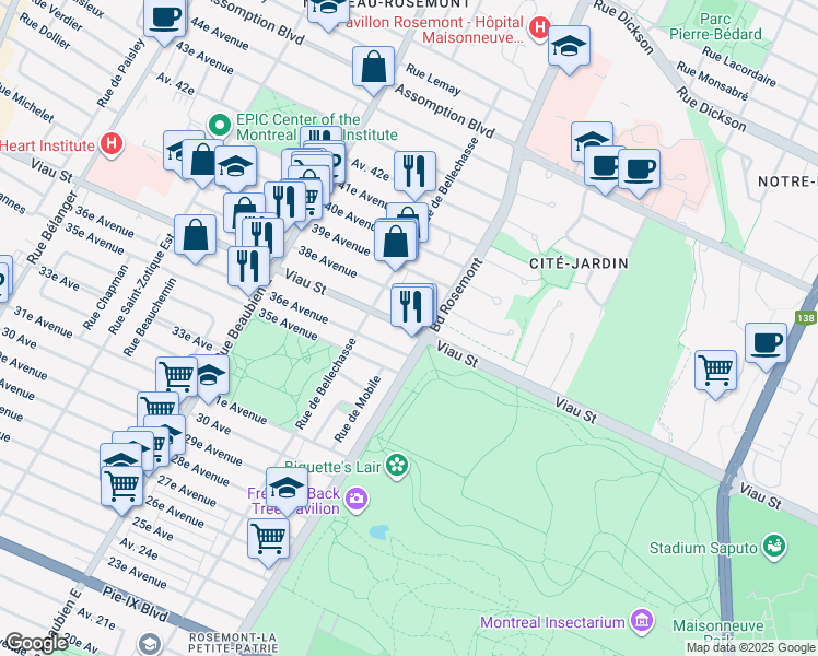 map of restaurants, bars, coffee shops, grocery stores, and more near Rue Viau in Montréal