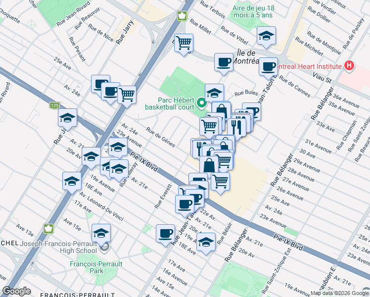 map of restaurants, bars, coffee shops, grocery stores, and more near 7437 Rue de Gênes in Montréal