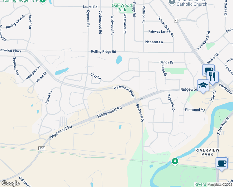map of restaurants, bars, coffee shops, grocery stores, and more near 6120 Westwood Parkway in St. Cloud