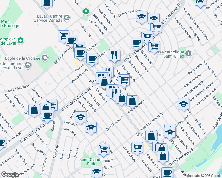 map of restaurants, bars, coffee shops, grocery stores, and more near 460 Rue de Berri in Laval