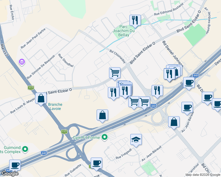 map of restaurants, bars, coffee shops, grocery stores, and more near 3480 Boulevard Saint-Elzéar Ouest in Laval