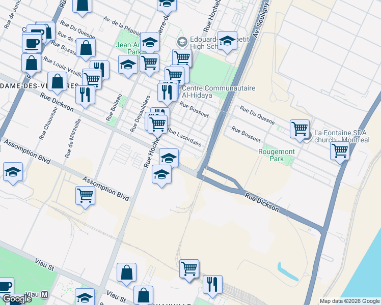 map of restaurants, bars, coffee shops, grocery stores, and more near 2325 Rue Monsabré in Montréal
