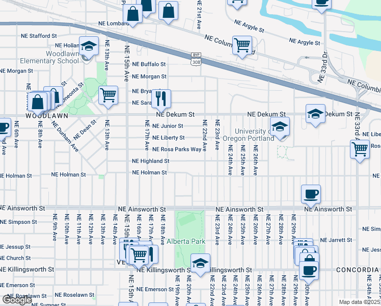 map of restaurants, bars, coffee shops, grocery stores, and more near 2025 Northeast Rosa Parks Way in Portland