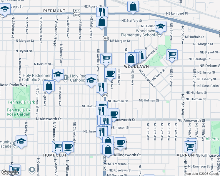 map of restaurants, bars, coffee shops, grocery stores, and more near in Portland