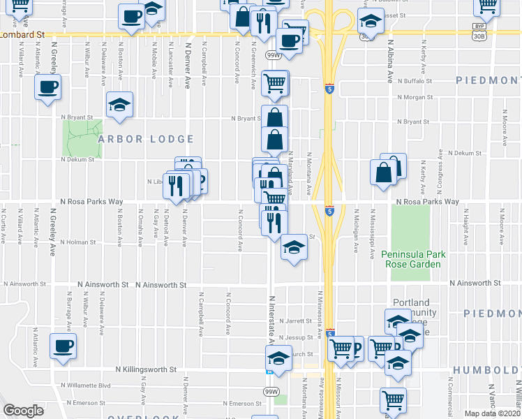 map of restaurants, bars, coffee shops, grocery stores, and more near 1605 North Rosa parks Way in Portland