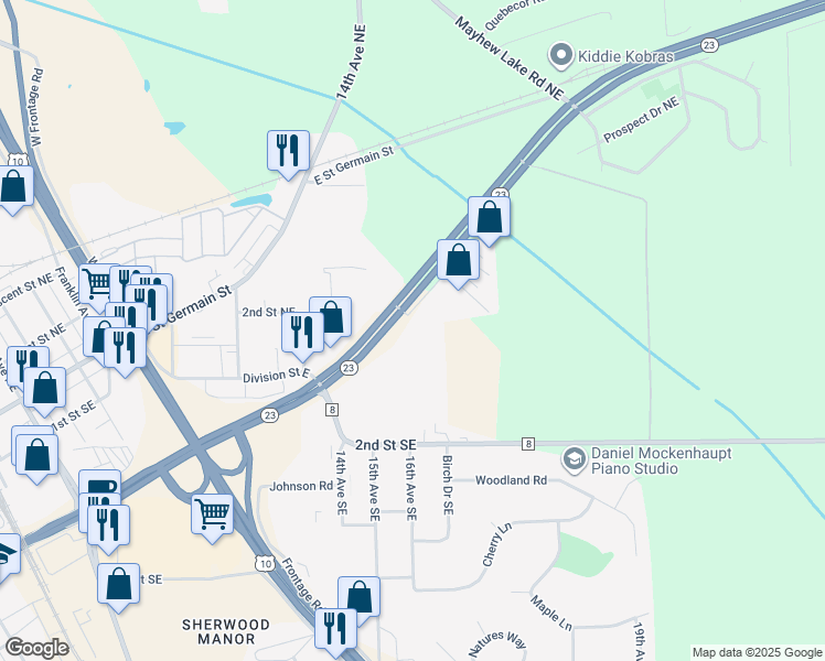 map of restaurants, bars, coffee shops, grocery stores, and more near 1600 Minnesota 23 in St. Cloud