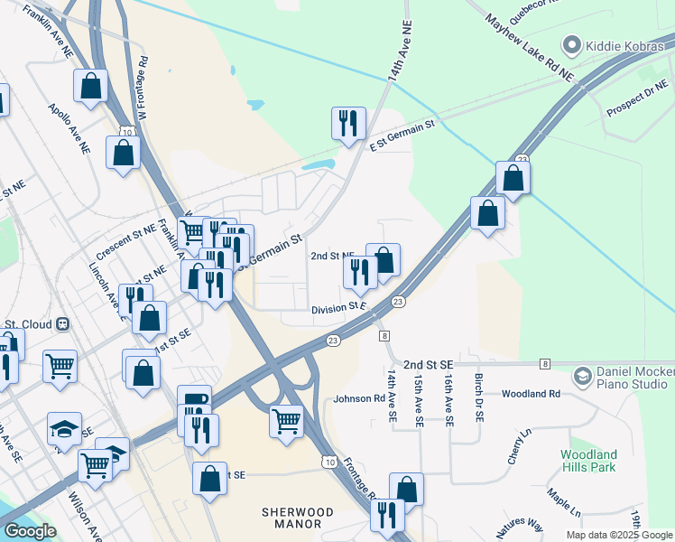 map of restaurants, bars, coffee shops, grocery stores, and more near 1310 2nd Street Northeast in St. Cloud
