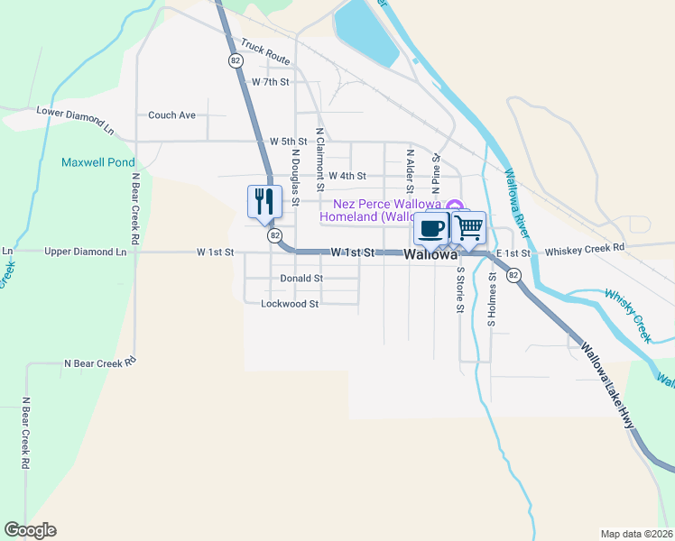 map of restaurants, bars, coffee shops, grocery stores, and more near 306 West 1st Street in Wallowa